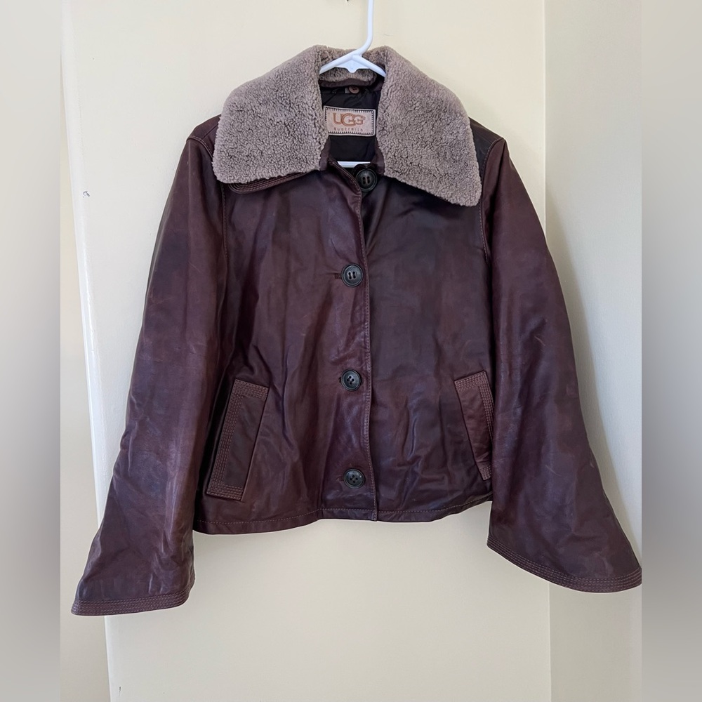 UGG Women's Brown Leather Jacket with Cream Shearling Collar